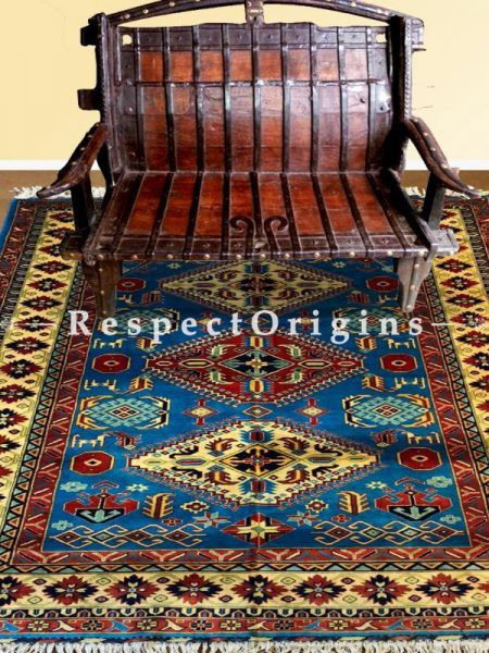 Buy Alexa Striking Cerulean Blue Formal Afghan Tribal Rectangular Area Rug in Pure Wool; Hand-knotted; Size 6.5x9.5 Ft At RespectOrigins.com