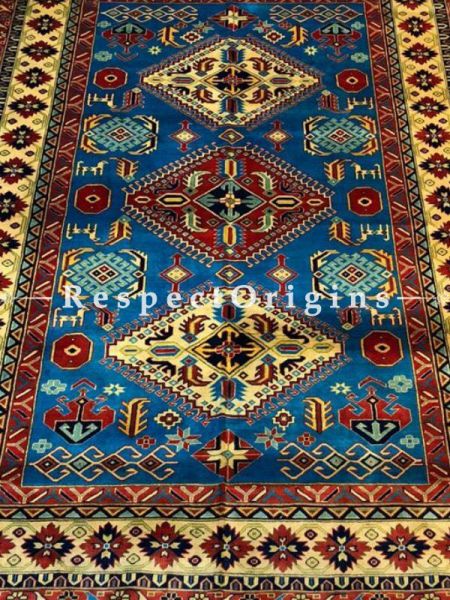 Buy Alexa Striking Cerulean Blue Formal Afghan Tribal Rectangular Area Rug in Pure Wool; Hand-knotted; Size 6.5x9.5 Ft At RespectOrigins.com