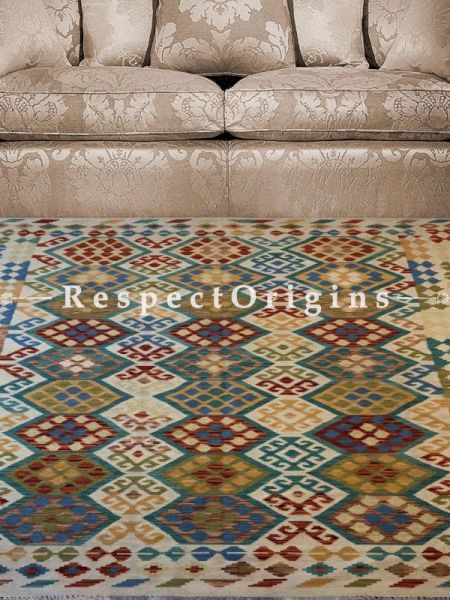 Buy Sheeba Diamond Pattern Tribal Kilim Area Woolen Rug; Handwoven in Summer Colours; Size 6.8x9.8 Ft At RespectOrigins.com