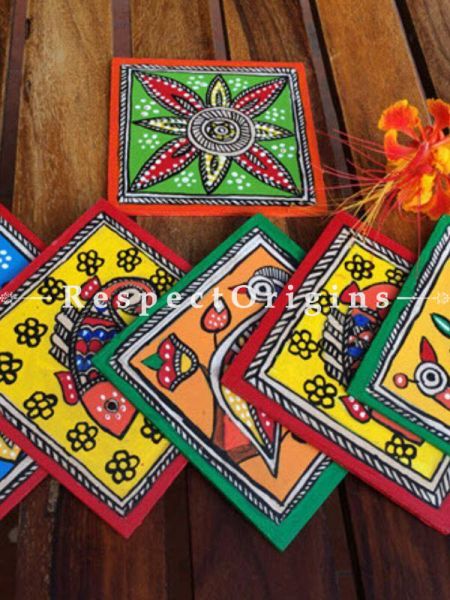Buy Handcrafted and Hand Painted Madhubani Artwork; Set of 6 Square Coasters; 4x4 in; Wood At RespectOrigins.com