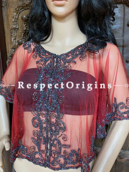 Red Net Handcrafted Beaded Poncho Cape or Shrug for Evening Gowns or Dresses; RespectOrigins.com