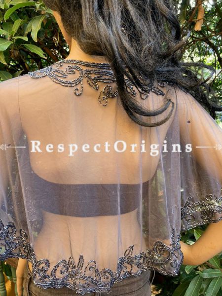 Gray Net Handcrafted Beaded Poncho or Shrug for Evening Gowns or Dresses; RespectOrigins.com
