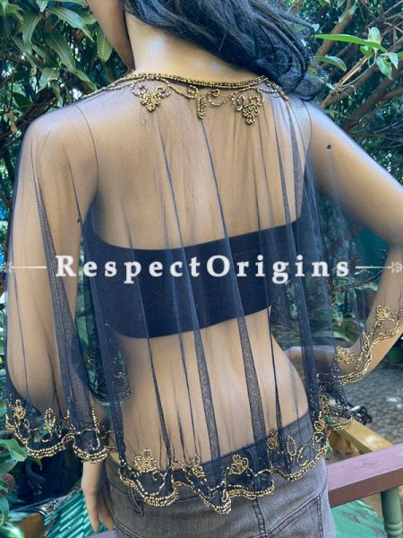 Black Net Handcrafted  Gold Beaded Poncho Cape or Shrug for Evening Gowns or Dresses; RespectOrigins.com
