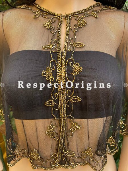 Black Net Handcrafted  Gold Beaded Poncho Cape or Shrug for Evening Gowns or Dresses; RespectOrigins.com