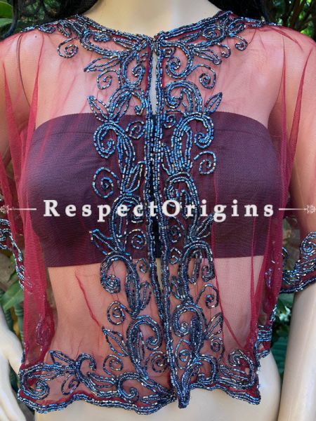 Red Net Handcrafted Black Beaded Poncho Cape or Shrug for Evening Gowns or Dresses; RespectOrigins.com