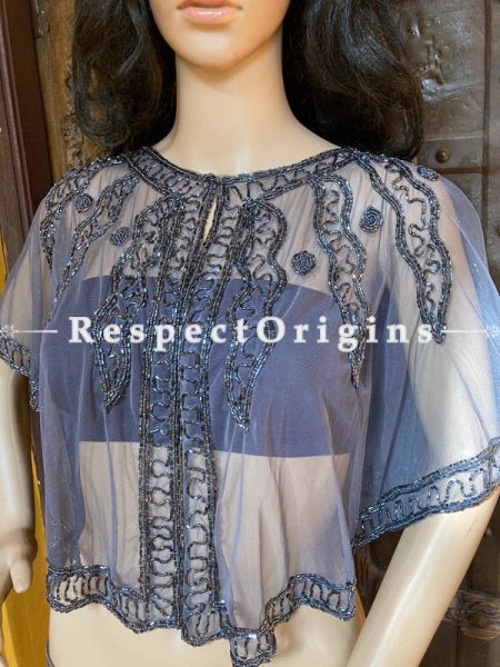 Gray Net Handcrafted Beaded Poncho Cape or Shrug for Evening Gowns or Dresses; RespectOrigins.com
