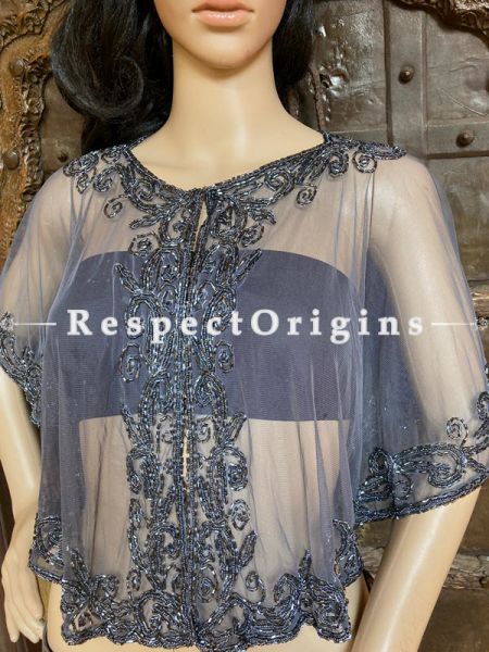 Gray Net Handcrafted Beaded Poncho Cape or Shrug for Evening Gowns or Dresses; RespectOrigins.com