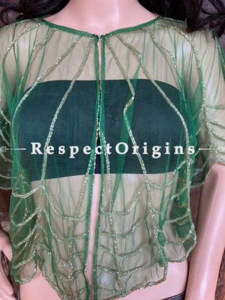 Green Net Handcrafted Beaded Poncho Cape or Shrug for Evening Gowns or Dresses; RespectOrigins.com