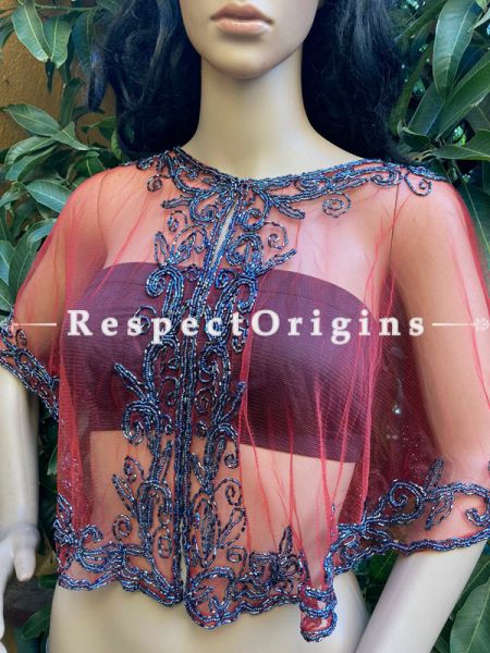 Red Net Handcrafted Beaded Poncho Cape or Shrug for Evening Gowns or Dresses; RespectOrigins.com
