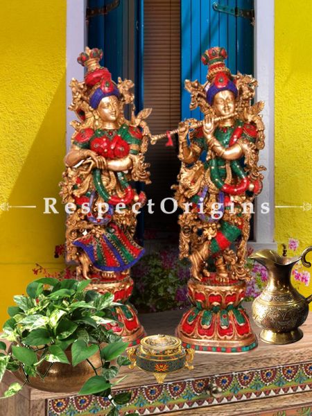 Handcrafted Radha Krishna Statue; Brass; Turquoise Finish; 28 Inches