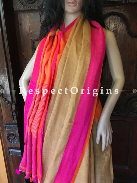 Handloom Beige Linen Saree; orange and Pink Border, RespectOrigins.com