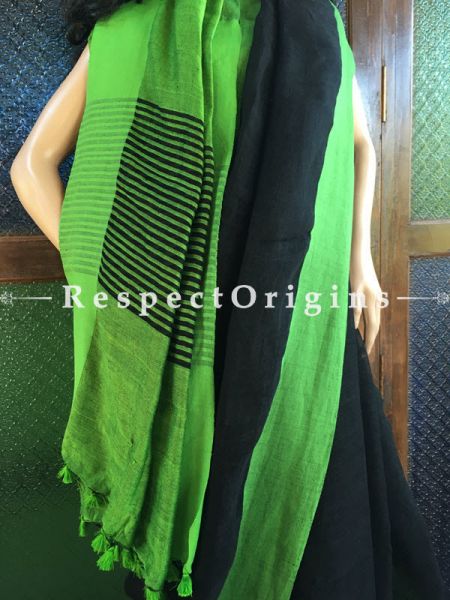 Handloom Linen Saree; Black Green Border, RespectOrigins.com