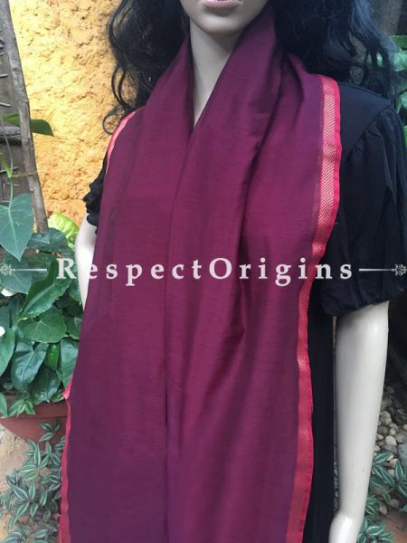 Handloom Magenta Maheshwari Cotton silk stole with golden Jute work and red border; RespectOrigins