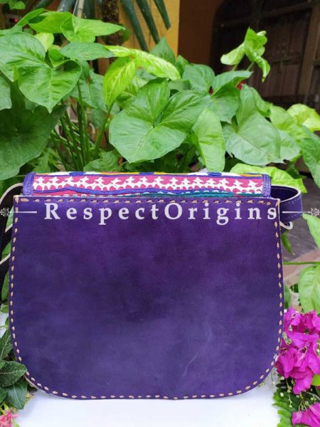 Purple Hand Stitched Cross Ladies Leather Sling Bag; Blue, Green, White and Yellow On Red Base Kutchi Mirror Embroidery Flap; RespectOrigins.com