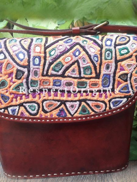 Elegant Hand Embroidery Brown Leather Shoulder Bags; Hand-stitched & Embroidered Kutchi Mirror Work Flap; RespectOrigins.com