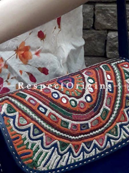 Luxurious Hand Embroidery Blue Leather Shoulder Bags; Hand-stitched & Embroidered Kutchi Mirror Work Flap; RespectOrigins.com