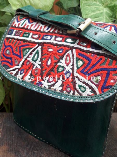 Trendy Hand Embroidery Green Leather Shoulder Bags; Hand-stitched & Embroidered Kutchi Mirror Work Flap; RespectOrigins.com