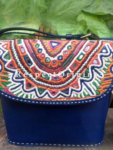 Gorgeous Hand Embroidery Blue Leather Shoulder Bags; Hand-stitched & Embroidered Kutchi Mirror Work Flap; RespectOrigins.com