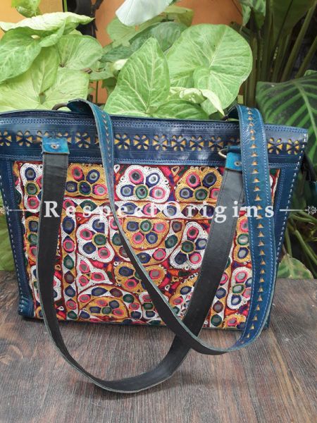 Chic Hand Embroidery Rectangular Blue Leather Shoulder Bags; Hand-stitched & Embroidered Kutchi Mirror Work; RespectOrigins.com