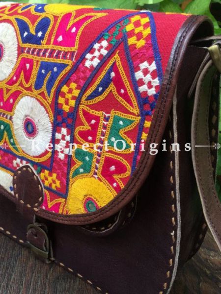Brown Hand Stitched Cross Ladies Leather Sling Bag; Blue, Pink, White and Yellow On Red Base Kutchi Mirror Embroidery Flap; RespectOrigins.com