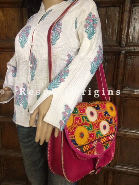 Pink Hand Stitched Cross Ladies Leather Sling Bag; Blue, Green, White and Yellow On Red Base Kutchi Mirror Embroidery Flap; RespectOrigins.com