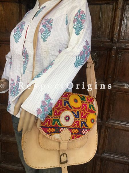Beige Hand Stitched Cross Ladies Leather Sling Bag; Blue, Green, White and Yellow On Red Base Kutchi Mirror Embroidery Flap; RespectOrigins.com