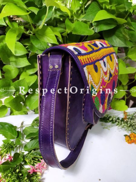 Purple Hand Stitched Cross Ladies Leather Sling Bag; Green, Blue, White and Yellow On Red Base Kutchi Mirror Embroidery Flap; RespectOrigins.com