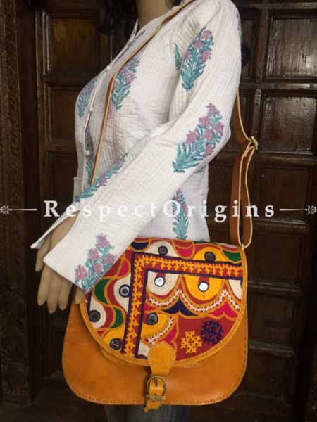 Yellow Hand Stitched Cross Ladies Leather Sling Bag; Blue, Green, White and Yellow On Red Base Kutchi Mirror Embroidery Flap; RespectOrigins.com