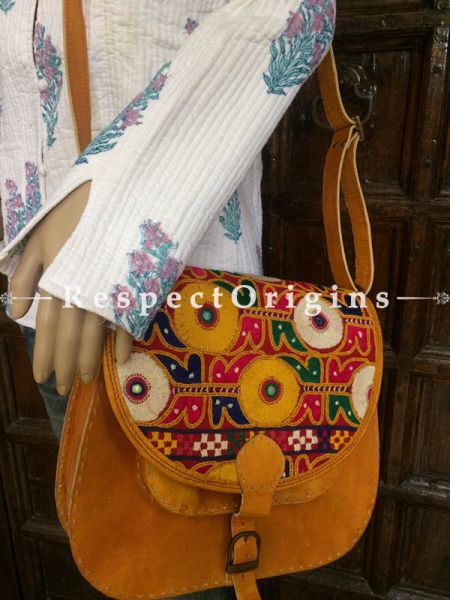 Yellow Hand Stitched Cross Ladies Leather Sling Bag; Yellow, White, Green and Blue On Red Base Kutchi Mirror Embroidery Flap; RespectOrigins.com