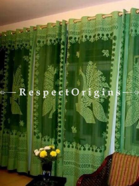 Buy Green Peacock Design Applique Cut Work Cotton Window or Door Curtain; Pair At RespectOrigins.com