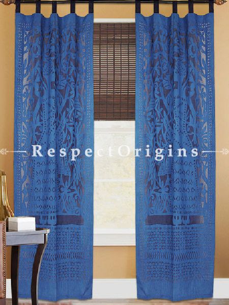 Buy Stunning Lady With Floral Design Blue Applique Cut Work Cotton Window or Door Curtain; Pair; Handcrafted At RespectOrigins.com