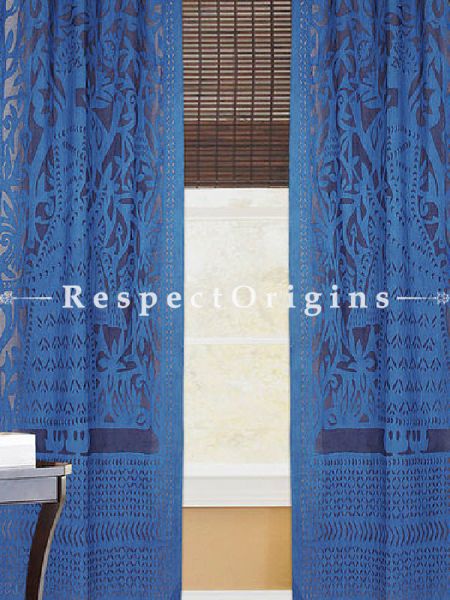 Buy Stunning Lady With Floral Design Blue Applique Cut Work Cotton Window or Door Curtain; Pair; Handcrafted At RespectOrigins.com
