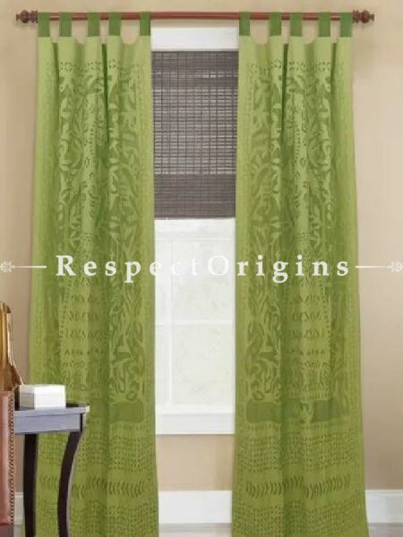 Buy Marvelous Lady With Floral Design Light Green Applique Cut Work Cotton Window or Door Curtain; Pair; Handcrafted At RespectOrigins.com