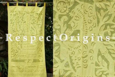 Buy Exquisitely Handcrafted Crafted Lady With Floral Design Olive Applique Cut Work Cotton Window or Door Curtain; Pair At RespectOrigins.com