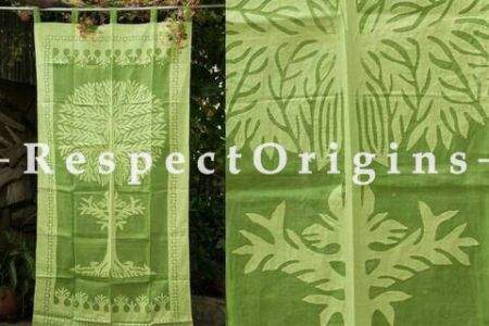 Buy Beautifully Handcrafted Tree Design Light Green Applique Cut Work Cotton Window or Door Curtain; Pair At RespectOrigins.com