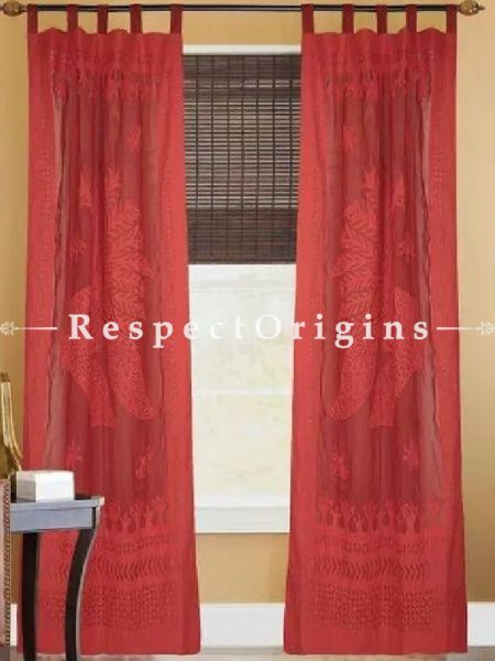 Buy Outstanding Peacock Design Applique Cut Work Cotton Window or Door Curtain in Red; Pair At RespectOrigins.com