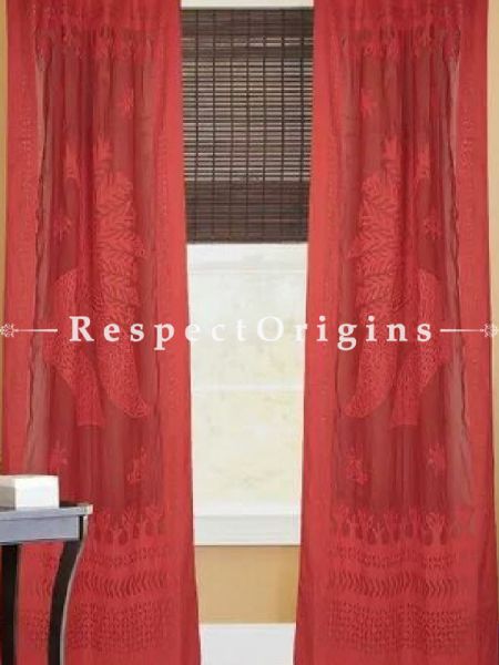 Buy Outstanding Peacock Design Applique Cut Work Cotton Window or Door Curtain in Red; Pair At RespectOrigins.com