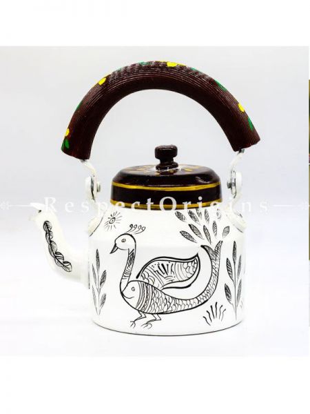 Hand Painted Tea Cart Set; 1 Kettle With 4 Glass 1 Thela Cart; Tea Chai Glass; 100  ml, Kettle; 8.5 inch, Thela Cart; 5 X 7 Inches; Ivory; RespectOrigins.com