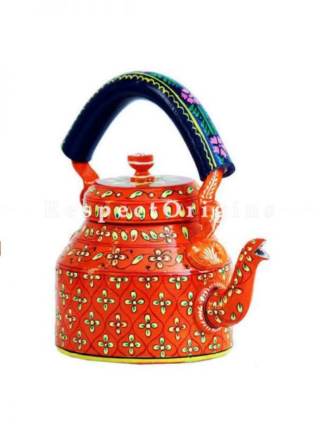 MultiColor Hand Painted Tea Cart Set; 1 Kettle With 4 Glass 1 Thela Cart; Tea Chai Glass; 100 ml, Kettle ƒ?? 8.5 inch, Thela Cart; 5 X 7 Inches; Yellow; RespectOrigins.com