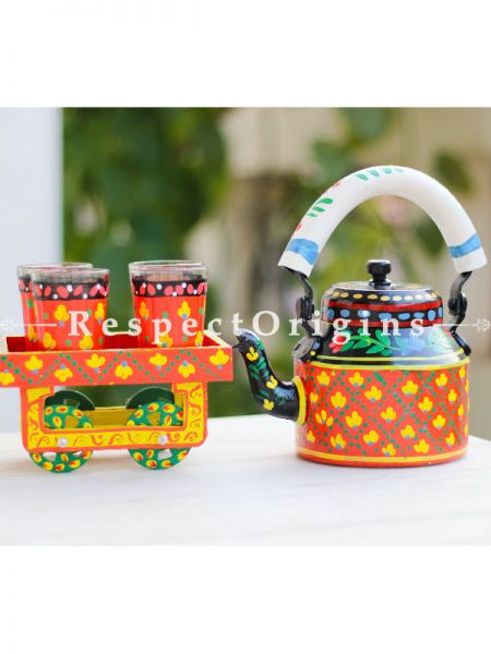 Hand Painted Tea Cart Set with Tribal Face; 1 Kettle With 4 Glass 1 Thela Cart; Tea Chai Glass; 100 ml, Kettle; 8.5 inch, Thela Cart; 5 X 7 Inches; Red & Yellow; RespectOrigins.com