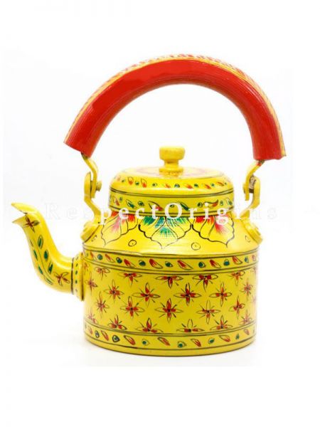 Hand Painted Tea Cart Set; 1 Kettle With 4 Glass 1 Thela Cart; Tea Chai Glass; 100 ml, Kettle ƒ?? 8.5 inch, Thela Cart; 5 X 7 Inches; Yellow; RespectOrigins.com