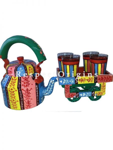 Hand Painted Multi Color Tea Cart Set; 1 Kettle With 4 Glass 1 Thela Cart; Tea Chai Glass; 100 ml, Kettle ƒ?? 8.5 inch, Thela Cart; 5 X 7 Inches; RespectOrigins.com