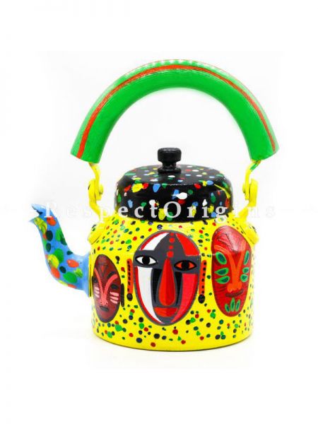 Hand Painted Tea Cart Set with Tribal Face; 1 Kettle With 4 Glass 1 Thela Cart; Tea Chai Glass; 100 ml, Kettle ƒ?? 8.5 inch, Thela Cart; 5 X 7 Inches; Yellow; RespectOrigins.com