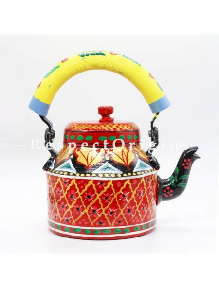 Hand Painted Tea Cart Set; 1 Kettle With 4 Glass 1 Thela Cart; Tea Chai Glass; 100 ml, Kettle ƒ?? 8.5 inch, Thela Cart; 5 X 7 Inches; Red & Yellow Handle; RespectOrigins.com
