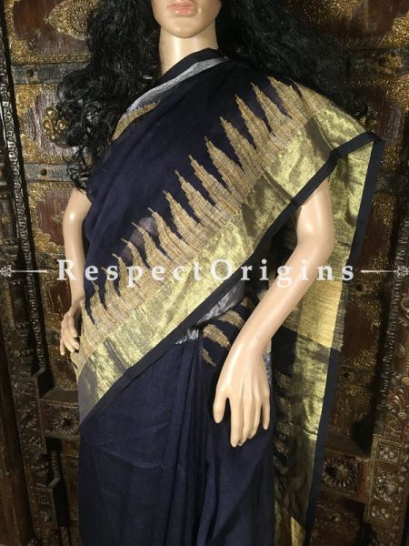 Handwoven Designer Blue Linen Saree West Bengal; RespectOrigins.com