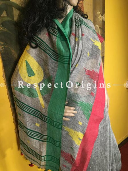 Handwoven Designer Grey with Red and Green Border Linen Saree West Bengal;  RespectOrigins.com