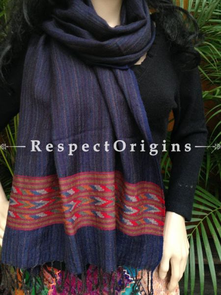Blue Handwoven Embroidery FRinged Kullu Handloom Pure Woolen Warm and Soft Traditional Himachal Stole for Girls and Women; RespectOrigins.com