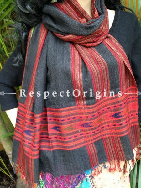 Grey Handwoven Embroidery FRinged Kullu Handloom Pure Woolen Warm and Soft Traditional Himachal Stole for Girls and Women; RespectOrigins.com