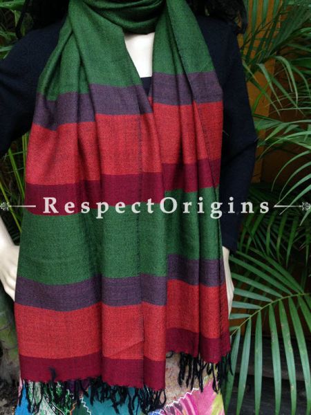 Handwoven Embroidery FRinged Kullu Handloom Pure Woolen Warm and Soft Traditional Himachal Green Stole for Girls and Women; RespectOrigins.com