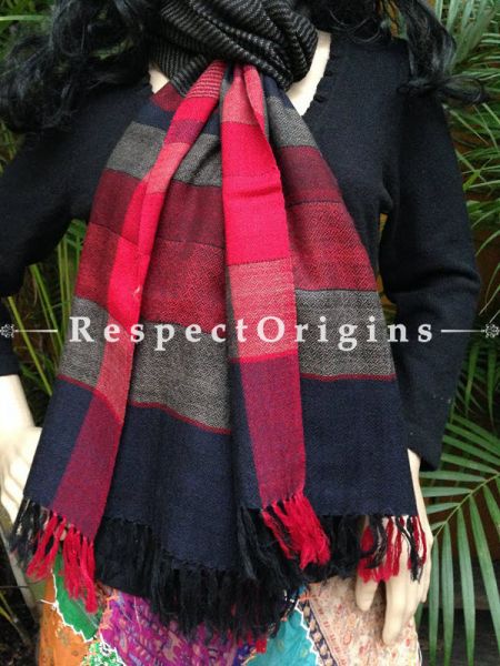 Kullu Handloom Pure Woolen Warm and Soft Traditional Himachal Stole for Girls and Women; Black With Grey and Red Stripes; RespectOrigins.com